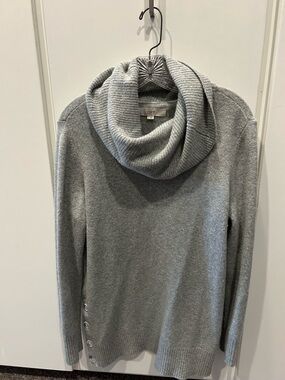 LOFT Gray Cowl-Neck Sweater with Side Button Detail